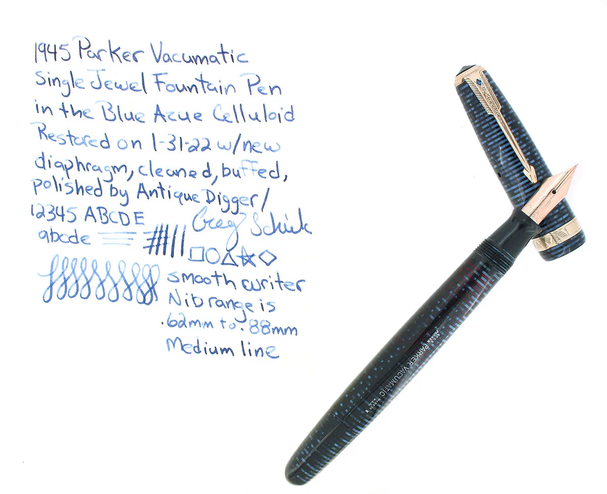 1945 PARKER VACUMATIC AZURE BLUE PEARL MAJOR FOUNTAIN PEN RESTORED