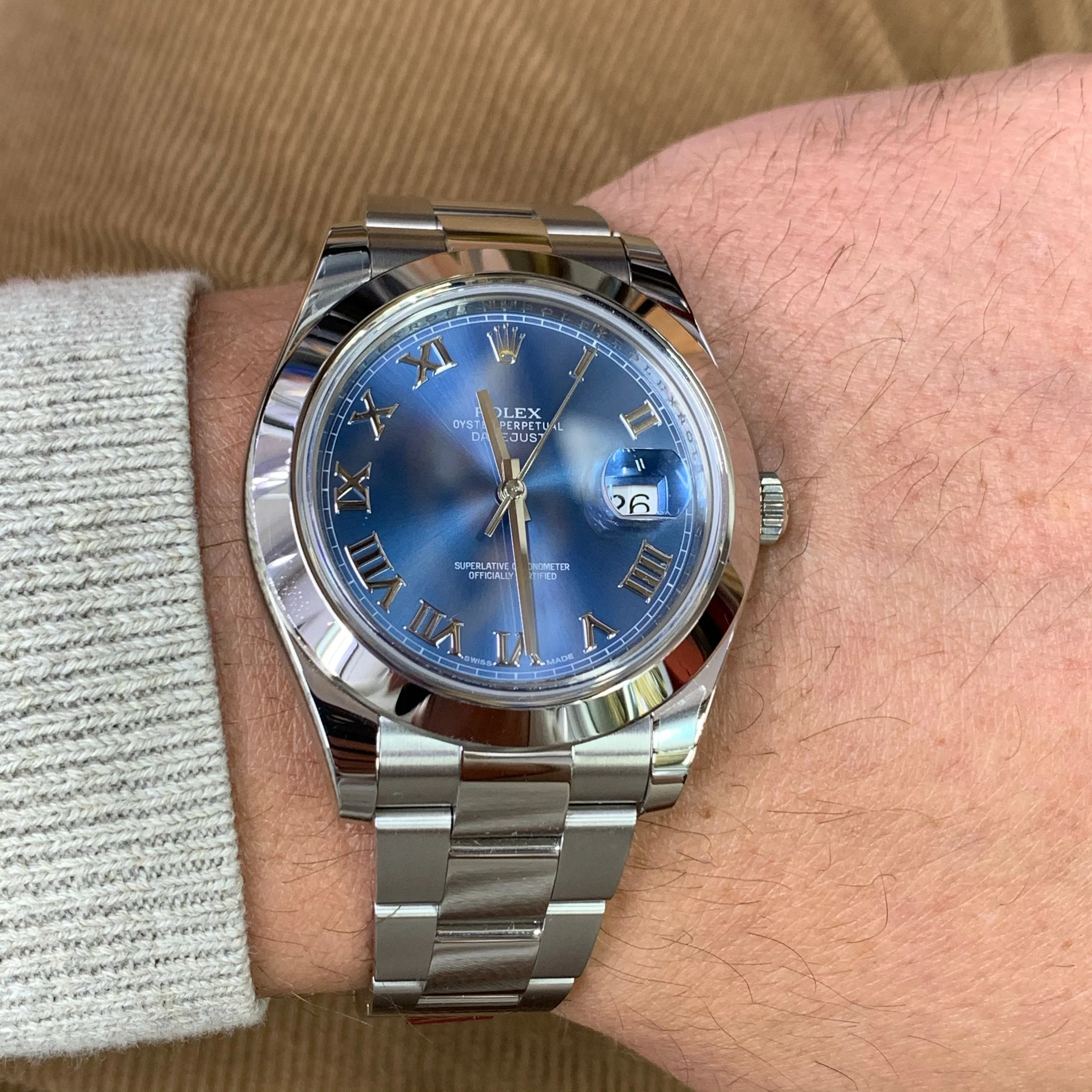 41mm Rolex Datejust Two Blue Roman Numeral Dial Watch with Steel Oyster Bracelet (smooth bezel, papers)