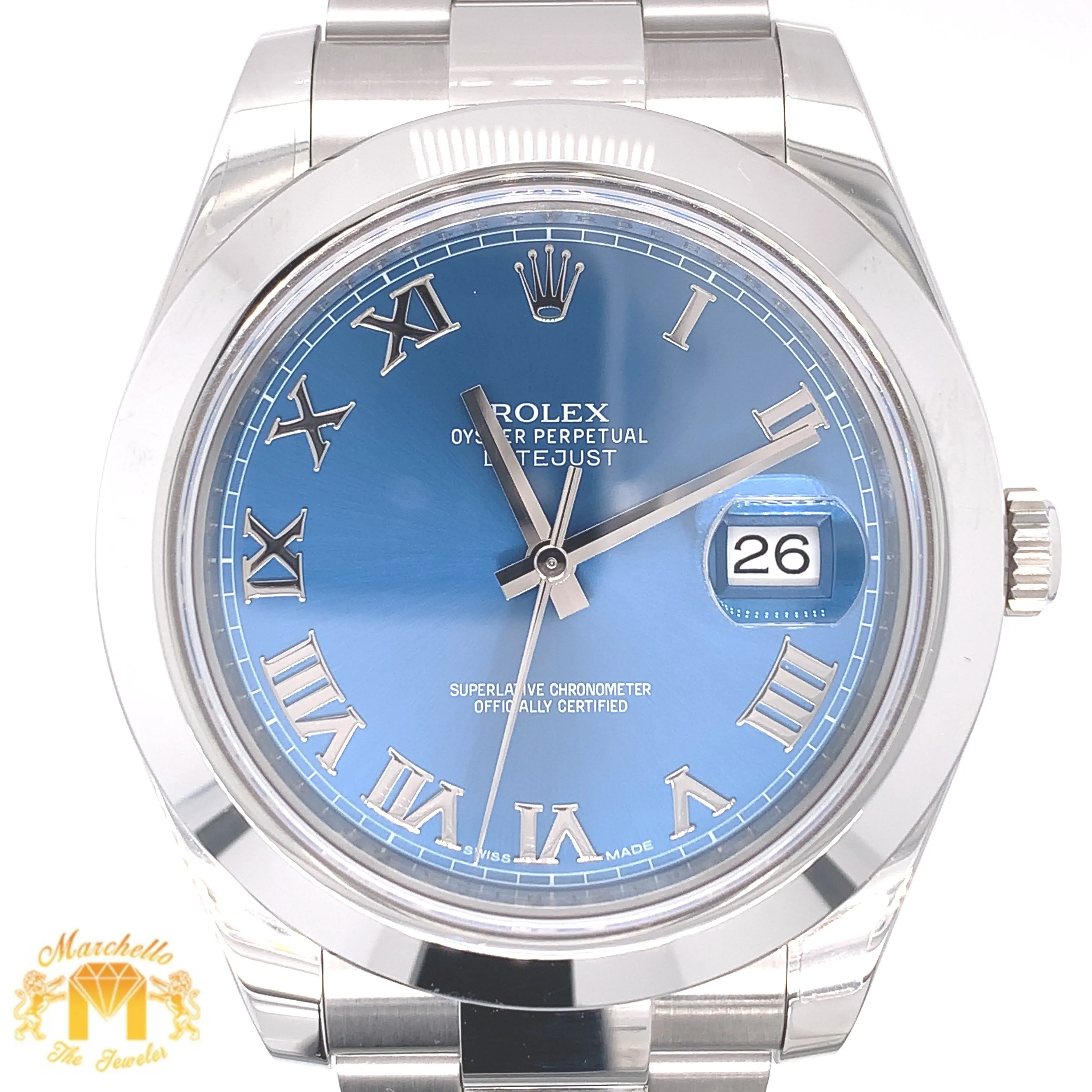 41mm Rolex Datejust Two Blue Roman Numeral Dial Watch with Steel Oyster Bracelet (smooth bezel, papers)