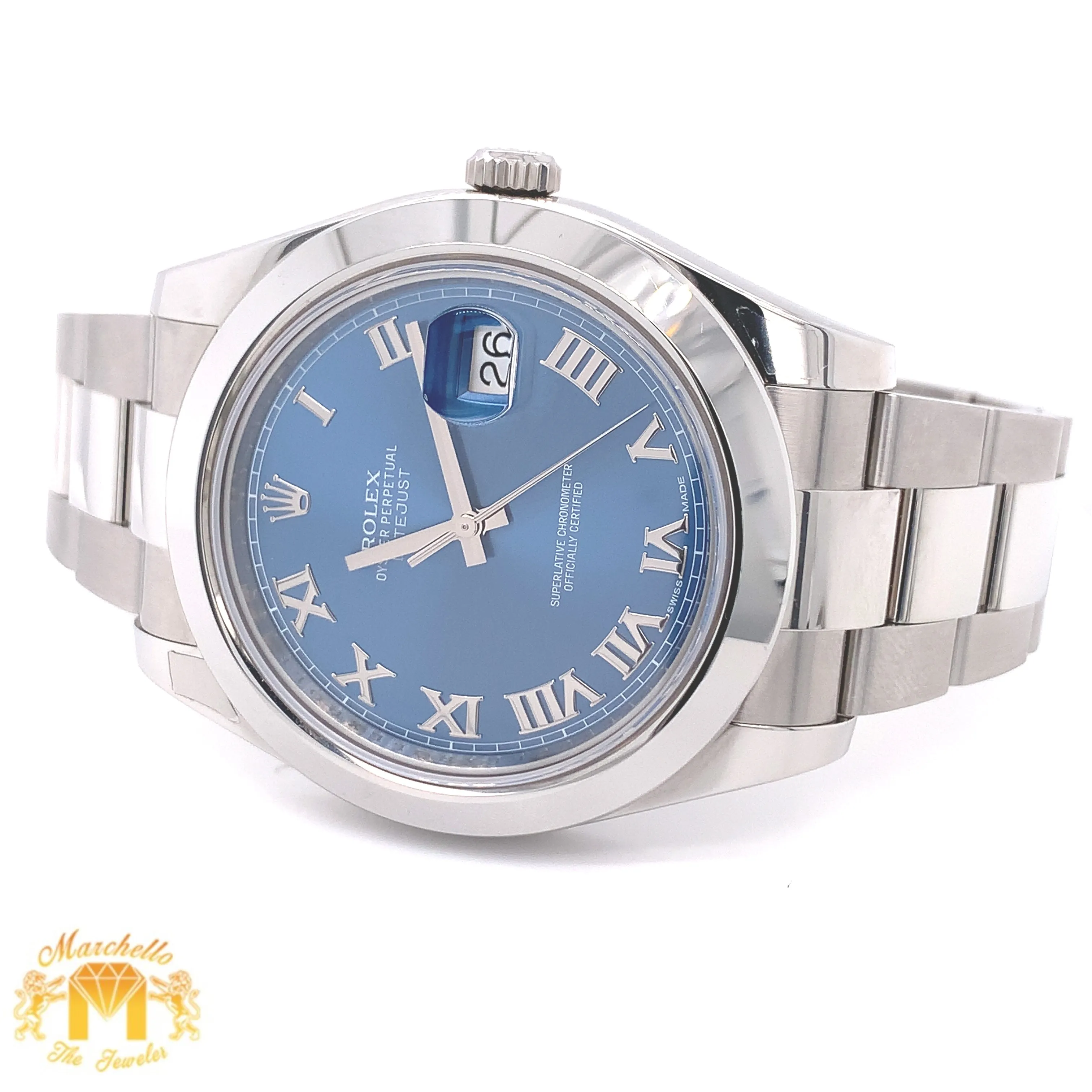 41mm Rolex Datejust Two Blue Roman Numeral Dial Watch with Steel Oyster Bracelet (smooth bezel, papers)