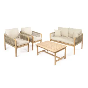 Alarice 4-Piece Modern Bohemian Acacia Wood Outdoor Patio Set with Cushions and Plain Decorative Pillows