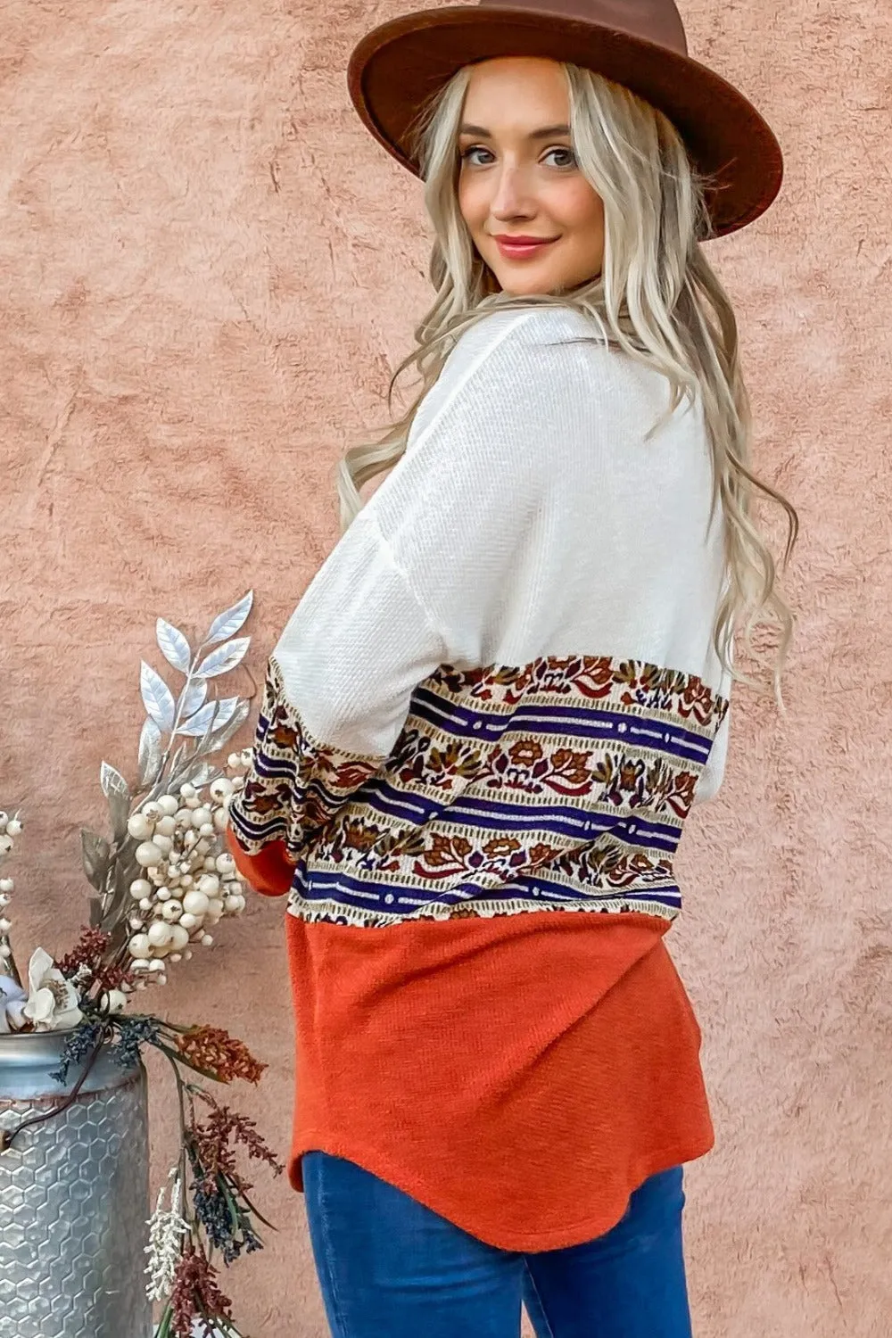 And The Why Boho Print Color Block Top in Rust