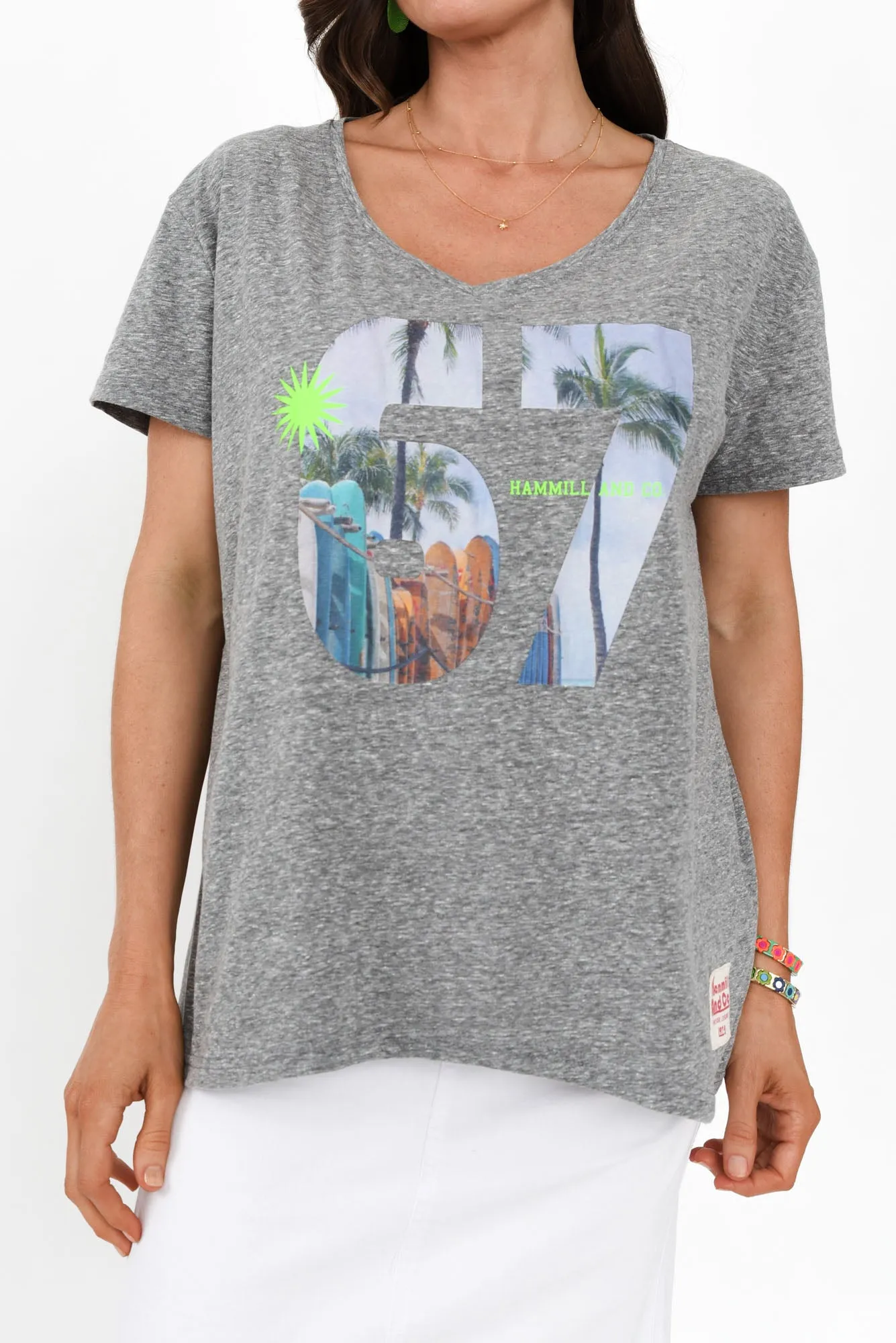 Anisha Grey Palm Cotton Blend Tee