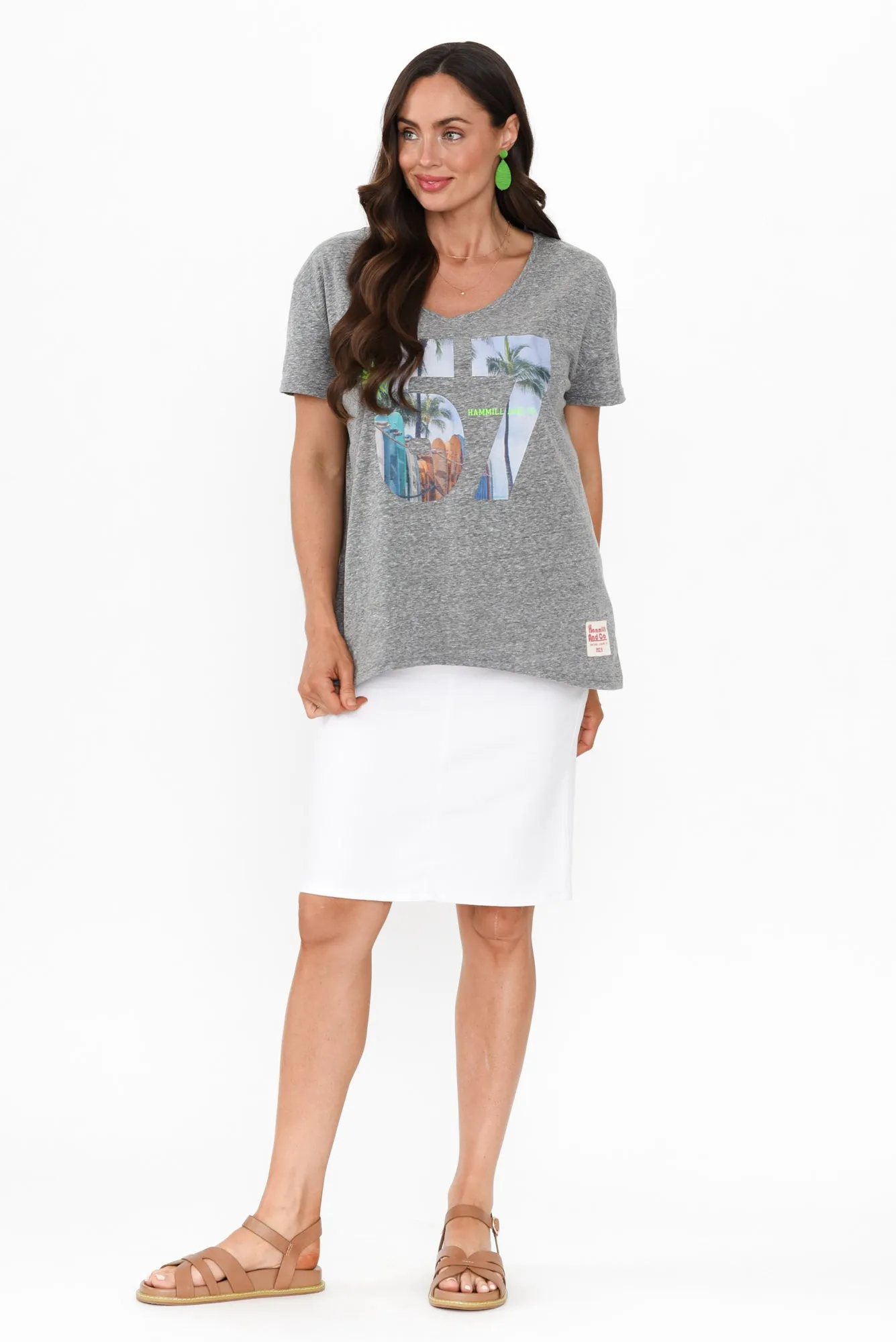 Anisha Grey Palm Cotton Blend Tee