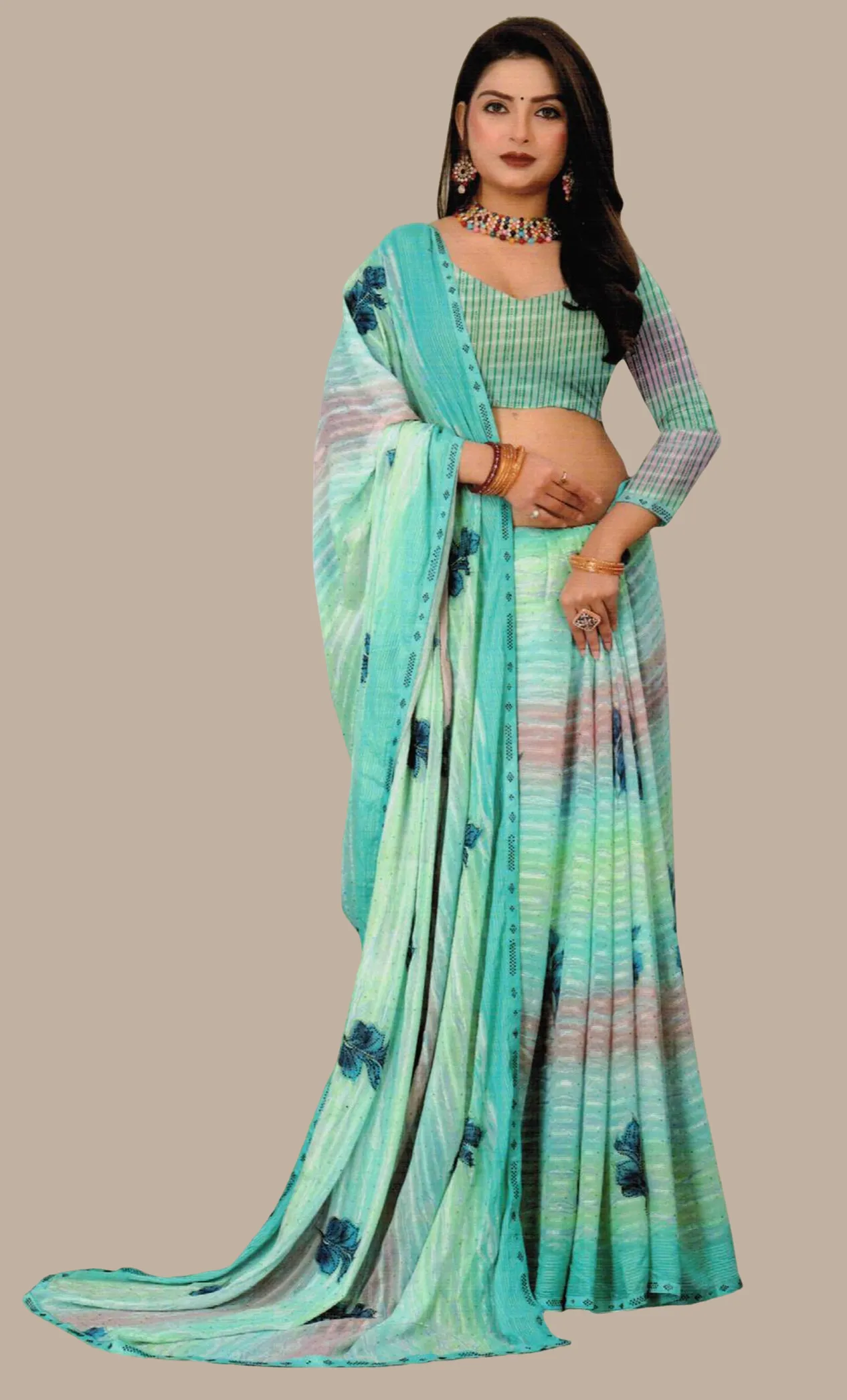 Aqua Green Embroidered Sari