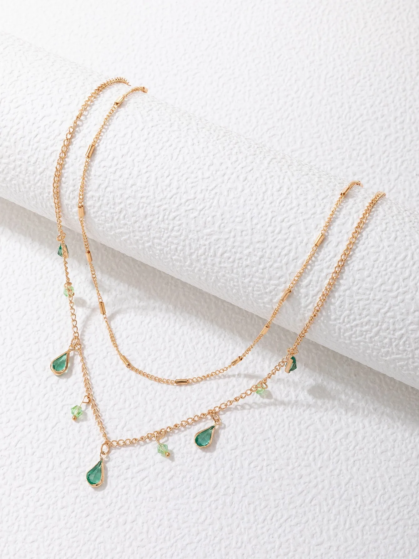 Bead & Green Water-drop Charm Layered Necklace for Women Girls Accessories