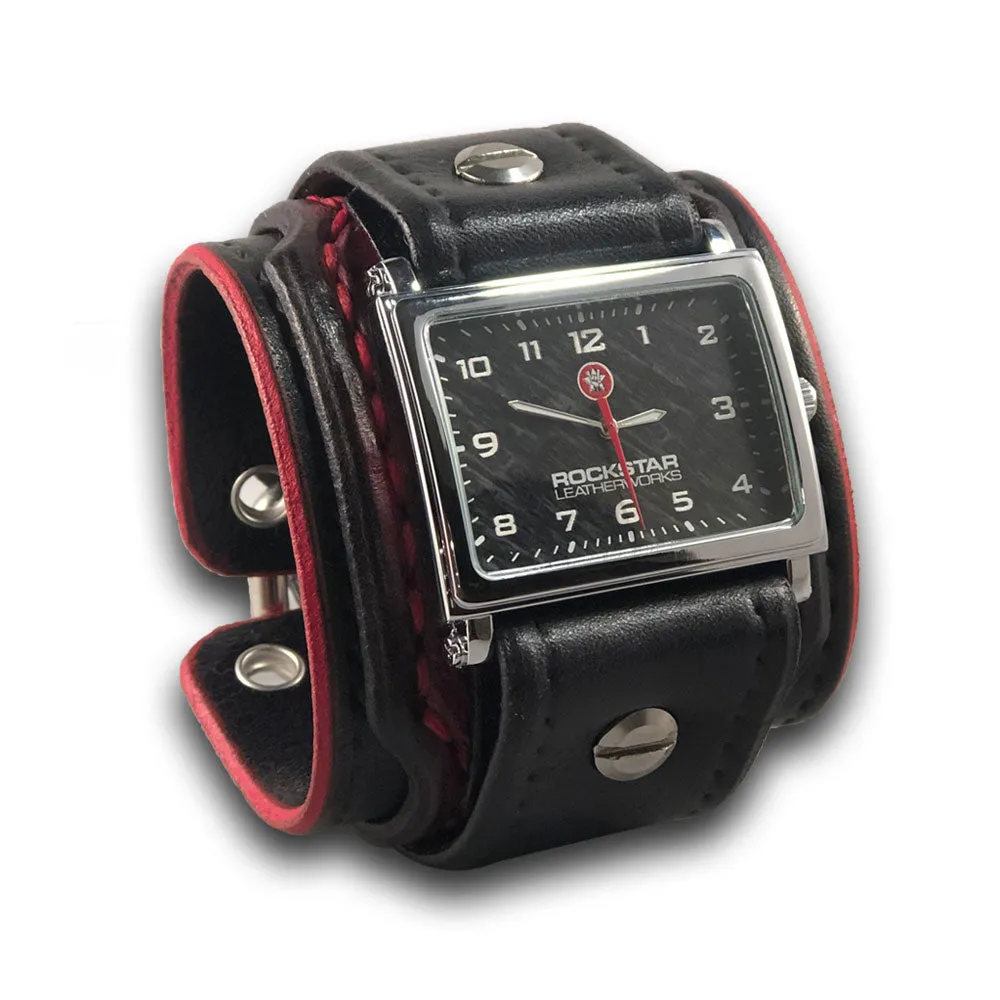 Black & Red Layered Wide Leather Cuff Watch with Eyelets