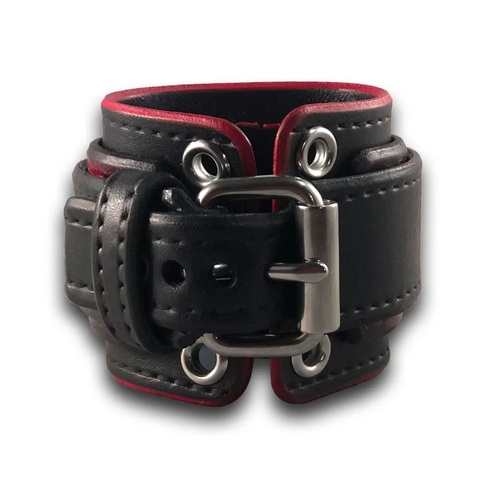 Black & Red Layered Wide Leather Cuff Watch with Eyelets