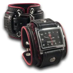 Black & Red Layered Wide Leather Cuff Watch with Eyelets