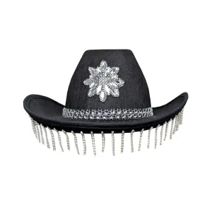 Black Deluxe Festival Cowgirl Hat with Diamante Strands and Crystal Decoration