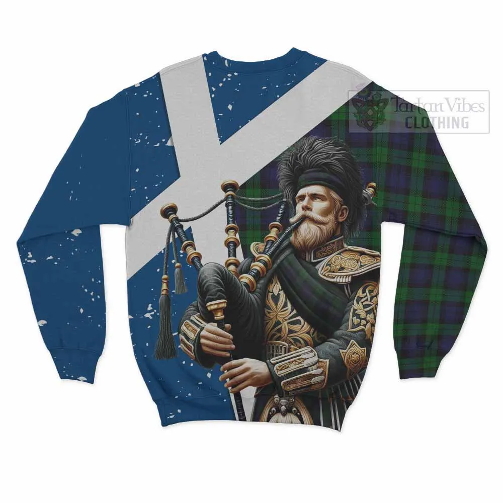 Black Watch Tartan Sweatshirt with Family Crest Scottish Bagpiper Vibes