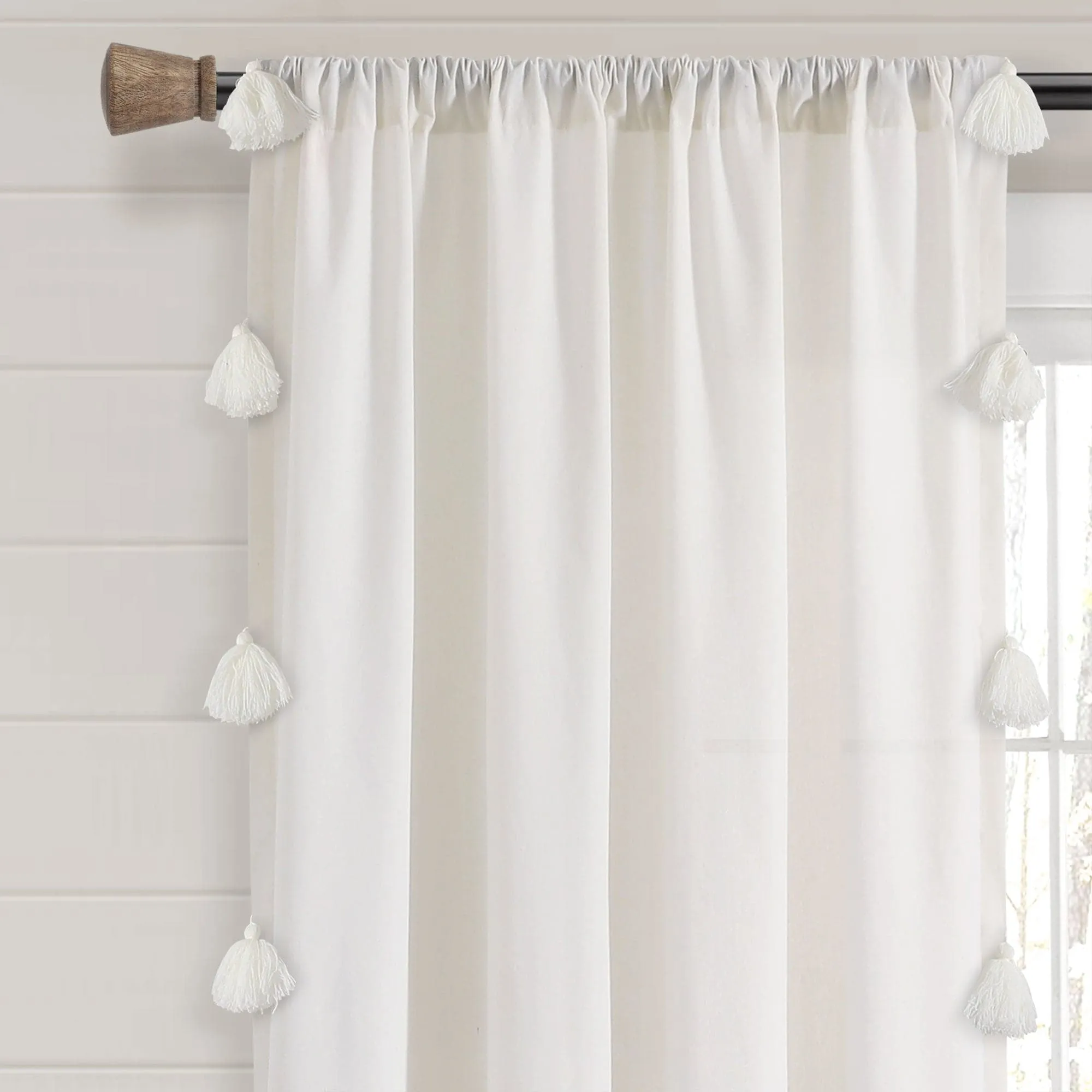 Boho Faux Linen Texture Tassel Window Curtain Panel