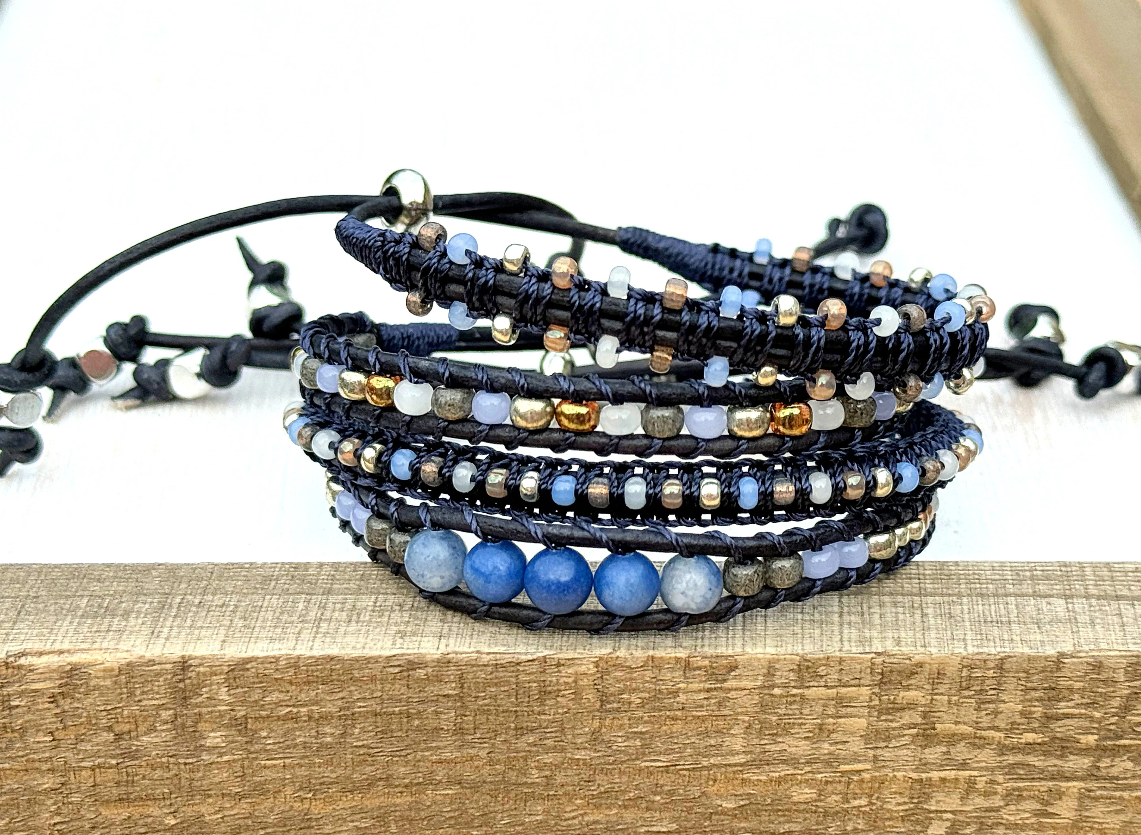 Daisy Blue Adventurine and glass bead Adjustable Leather Bracelet