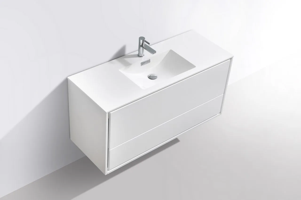 DeLusso 48" Single Sink High Glossy White Wall Mount Modern Bathroom Vanity