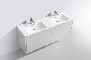 DeLusso 60" Double Sink High Glossy White Wall Mount Modern Bathroom Vanity