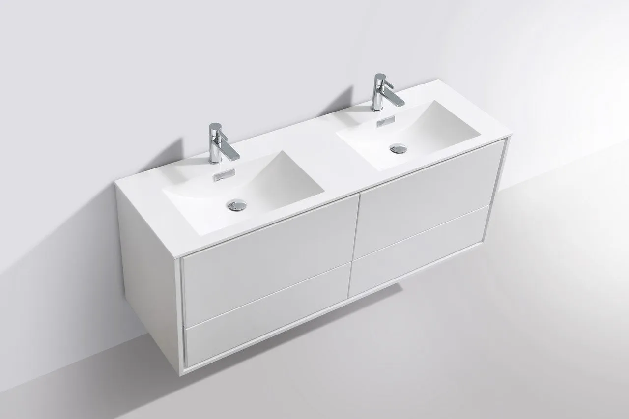 DeLusso 60" Double Sink High Glossy White Wall Mount Modern Bathroom Vanity