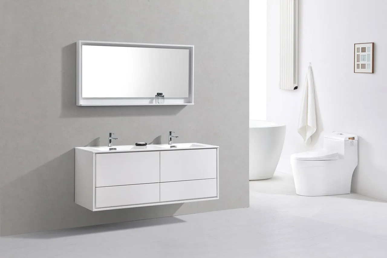 DeLusso 60" Double Sink High Glossy White Wall Mount Modern Bathroom Vanity