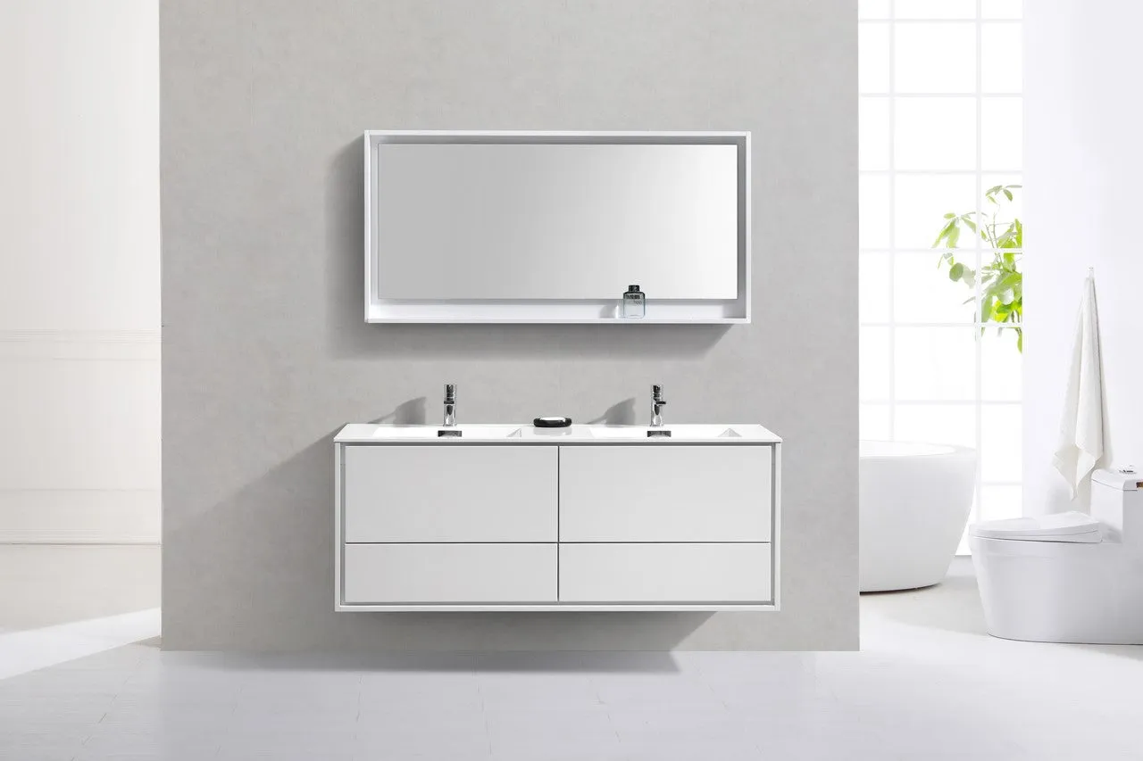 DeLusso 60" Double Sink High Glossy White Wall Mount Modern Bathroom Vanity