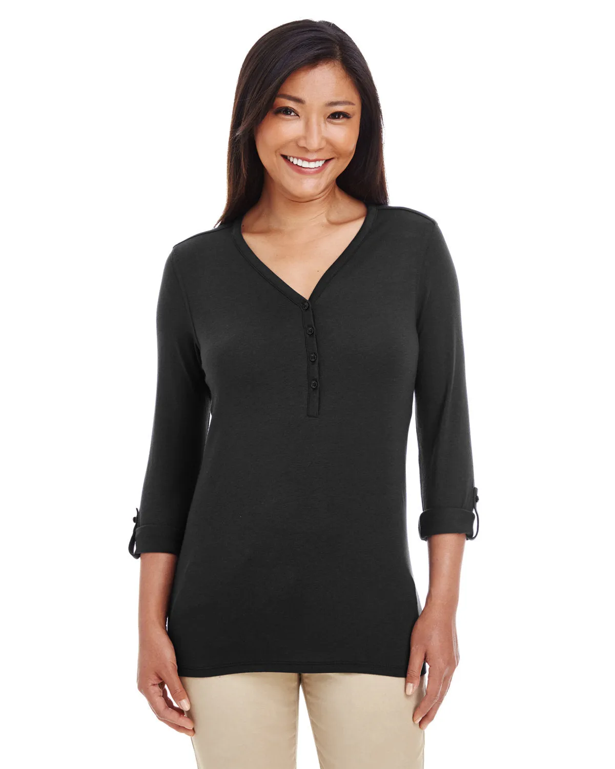 Devon & Jones Ladies' Perfect Fit™ Y-Placket Convertible Sleeve Knit Top