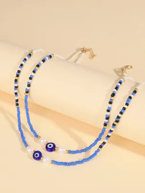 Evil Eye & Faux Pearl Decor Beaded Layered Necklace for Women Girls Accessories