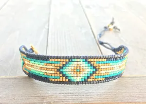 Gold, Navy, and Seafoam Starburst Bead Loom Woven Leather bracelet