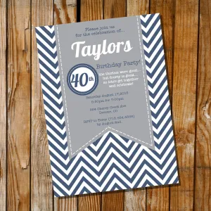 Gray and Navy Blue Chevron Birthday Invitation