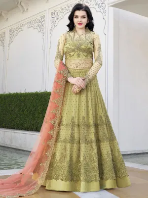 Green And Peach Embroidered Anarkali Lehenga And Pant Suit