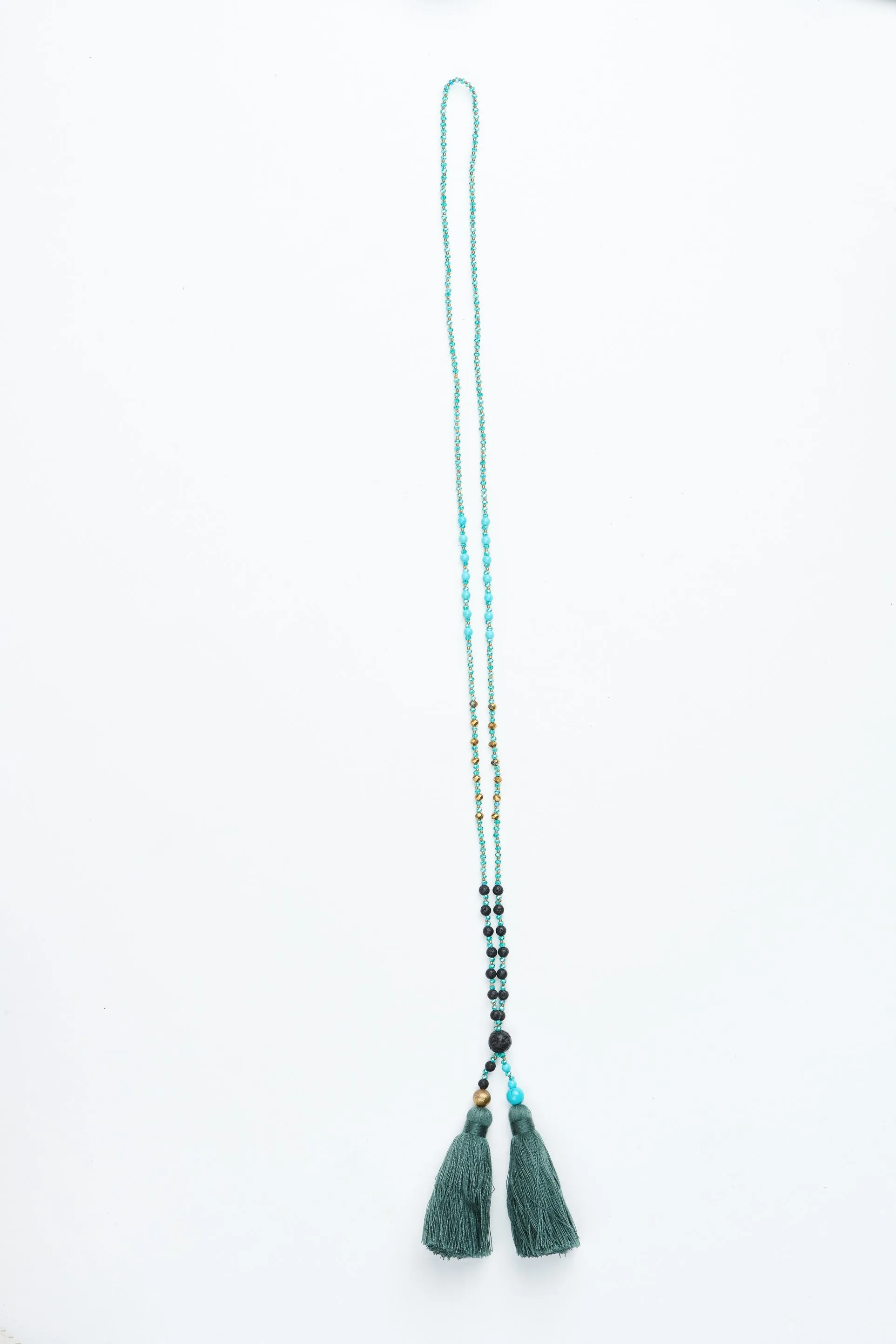 Green Multi Beaded Double Tassel Necklace