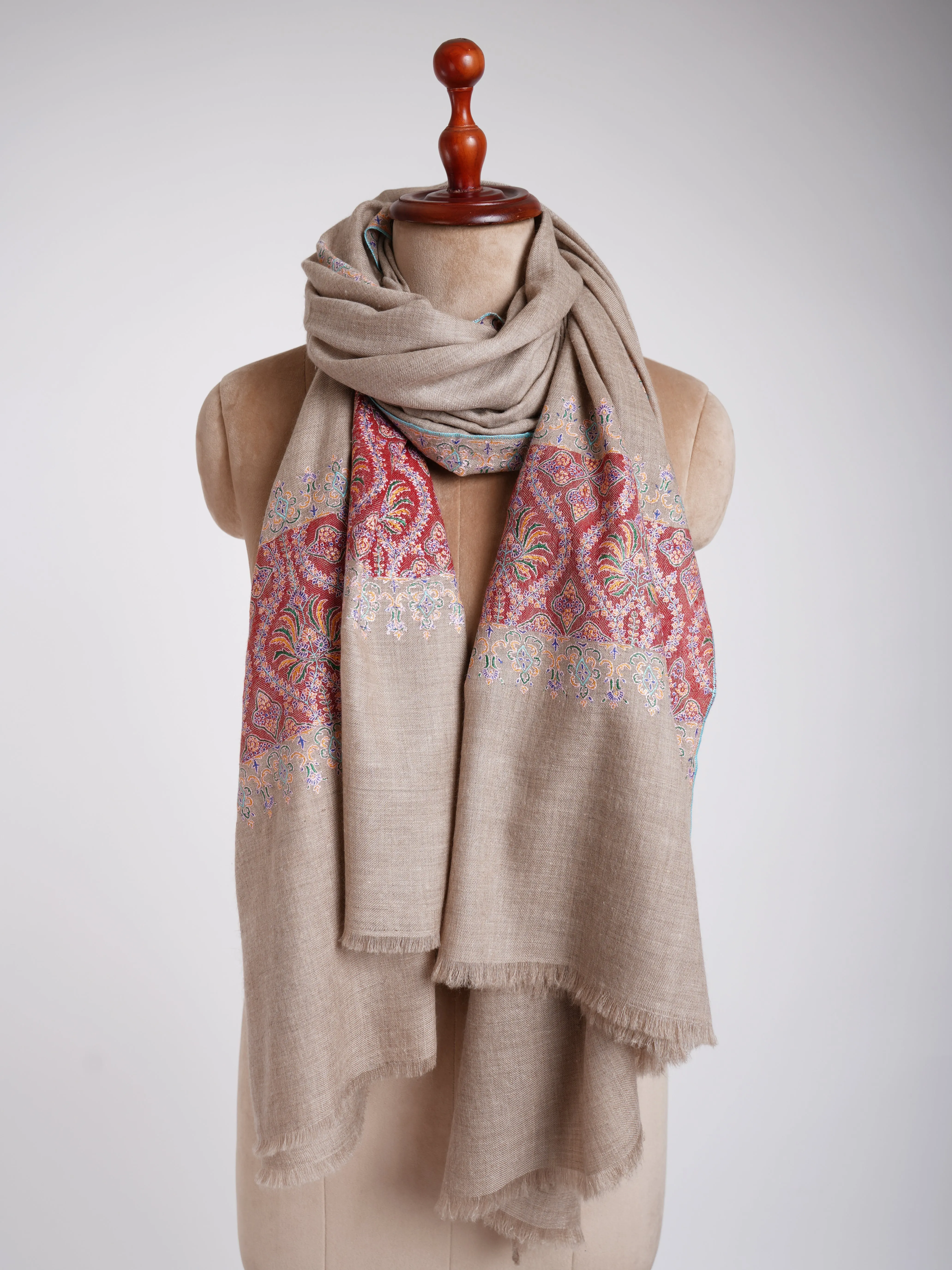 Grey and Red Minimalistic Kashmiri Pashmina