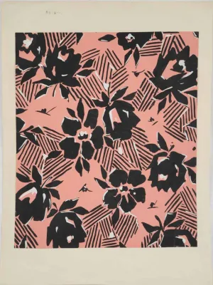 Handpainted Fabric Design by Arthur Litt - rosy pink w/ black flowers