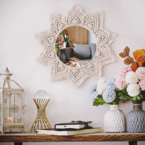 Isthir Handwoven Cotton Macrame Mirror | Round Wall Hanging with Boho Fringes for Bedroom & Vanity Decor