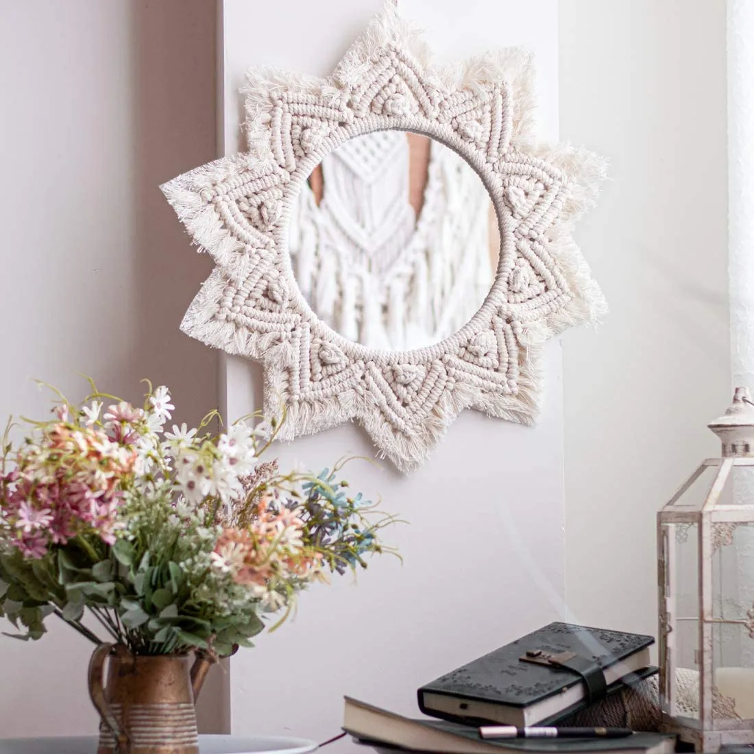 Isthir Handwoven Cotton Macrame Mirror | Round Wall Hanging with Boho Fringes for Bedroom & Vanity Decor