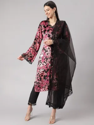 Jashvi Pink Burn out Velvet Kurta Harem Pant with Organza Dupatta