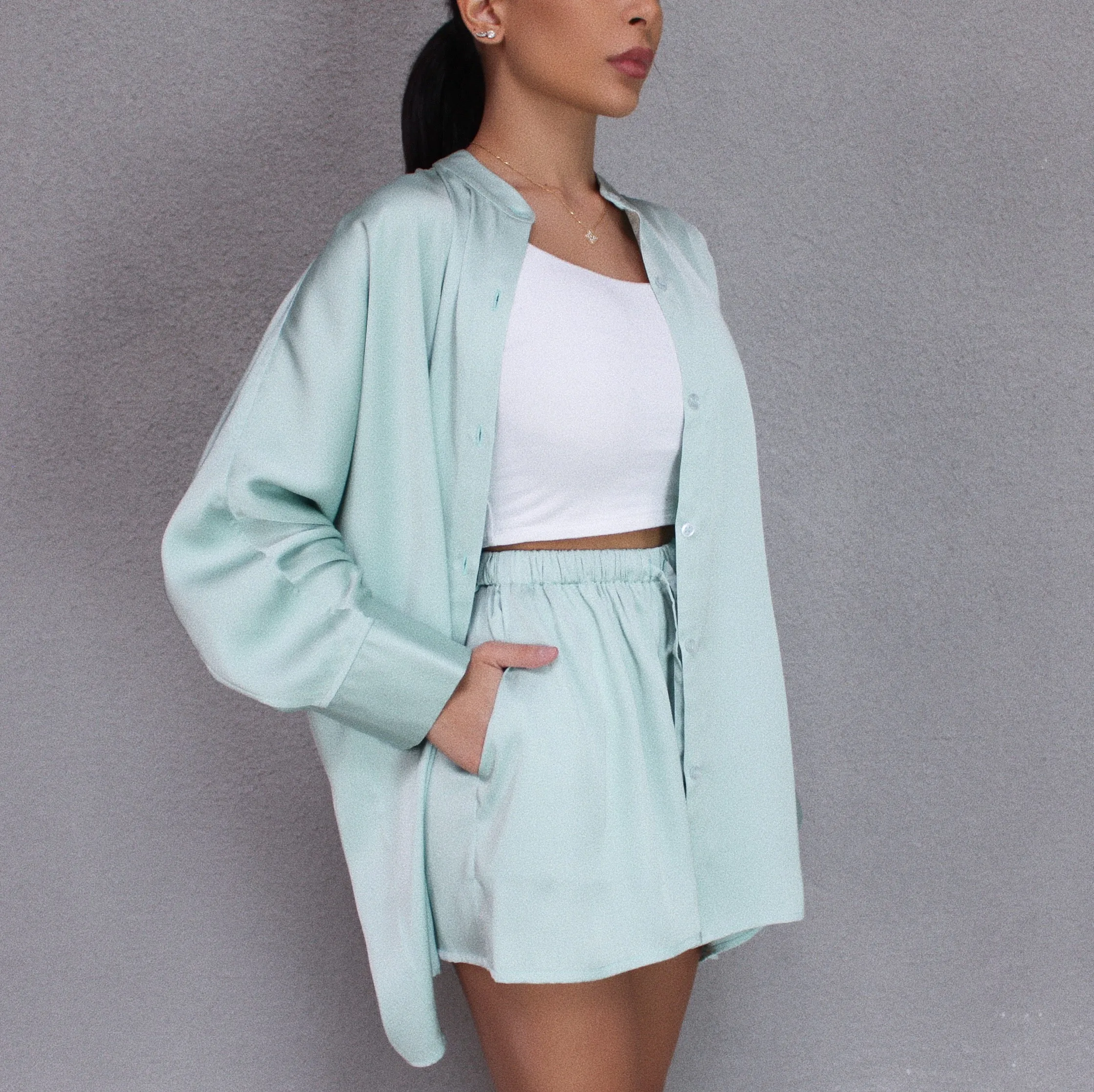 MINT COLLARLESS OVERSIZED SILK SHIRT