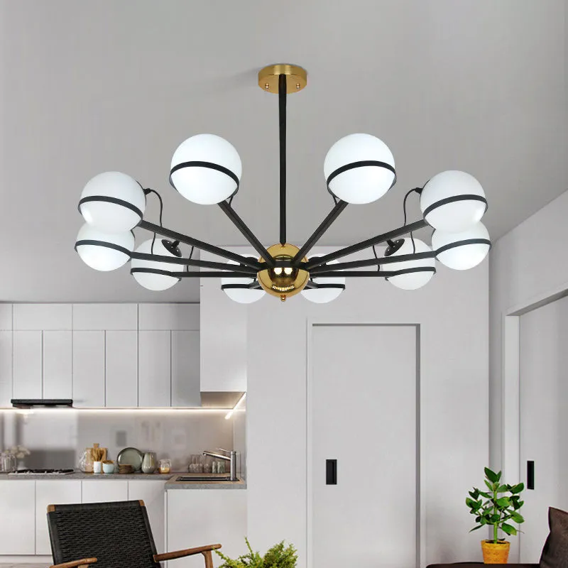 Modernist Round Hanging Chandelier - Frosted White Glass - 6/8/10 Bulbs - Pendant Light in Black