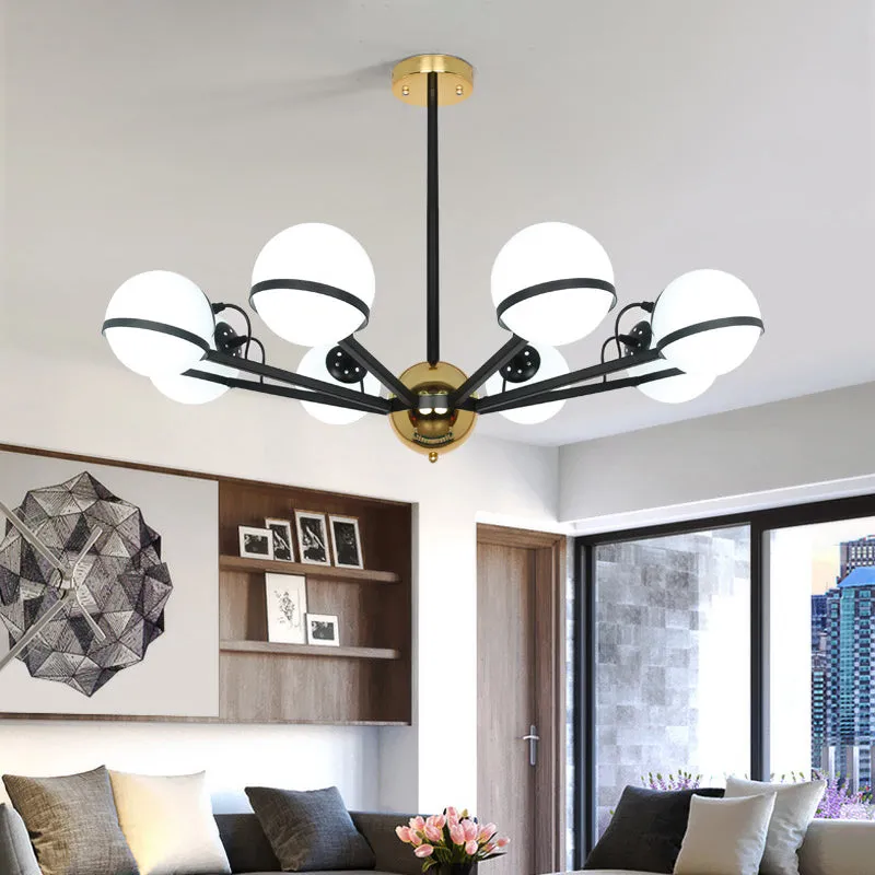 Modernist Round Hanging Chandelier - Frosted White Glass - 6/8/10 Bulbs - Pendant Light in Black