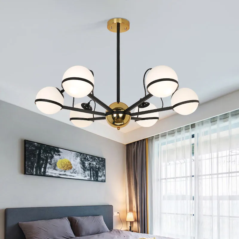 Modernist Round Hanging Chandelier - Frosted White Glass - 6/8/10 Bulbs - Pendant Light in Black