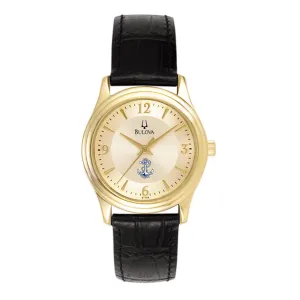 Navy Anchor Ladies Bulova Black Leather Strap Gold Plated Watch (Black)*