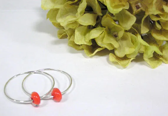 Red Beaded Sterling Silver Hoop Earrings