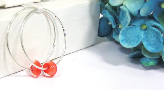 Red Beaded Sterling Silver Hoop Earrings