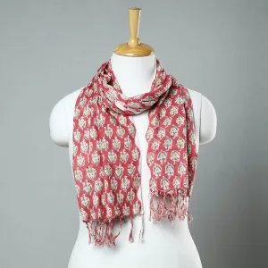 Red - Sanganeri Block Printed Cotton Stole with Tassels 12