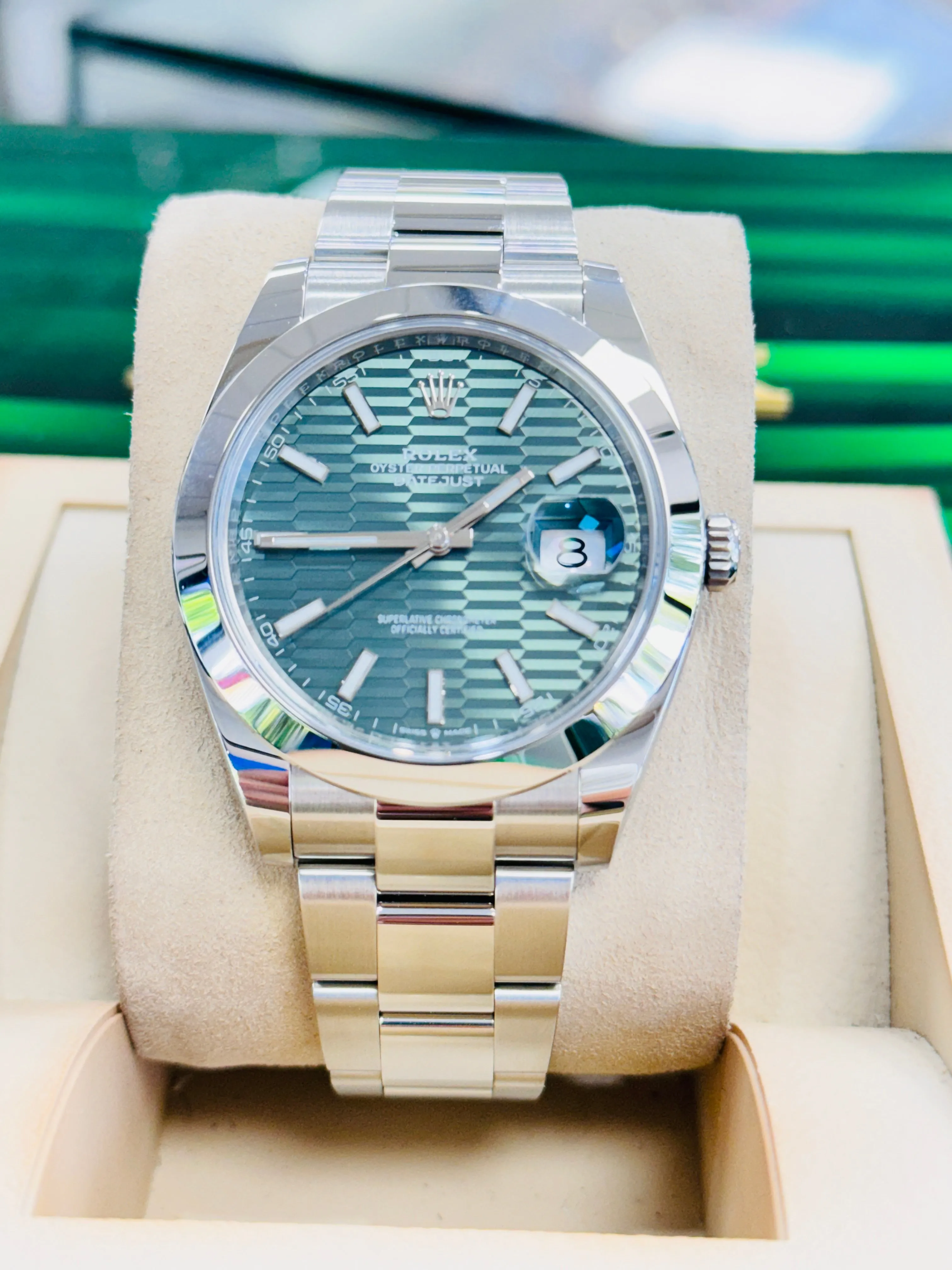 Rolex Datejust 41 126300 Discontinued Mint Green Motif Dial Box and Papers Watch UNWORN