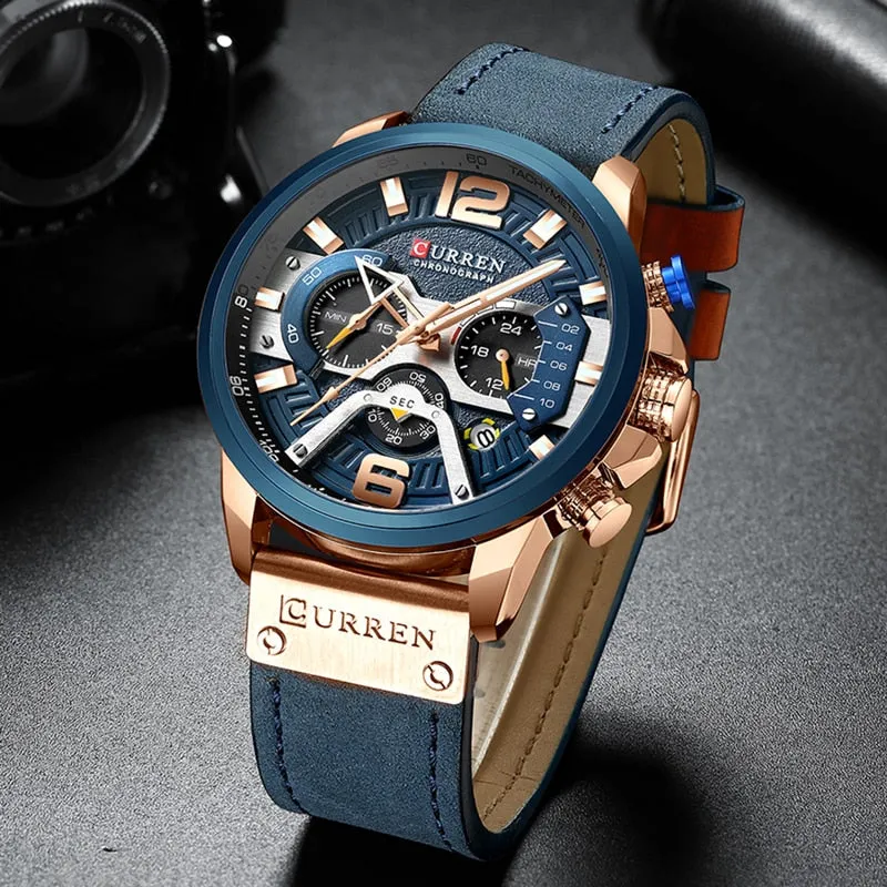 Rose Gold Accented Leather Band Chronograph Wristwatch