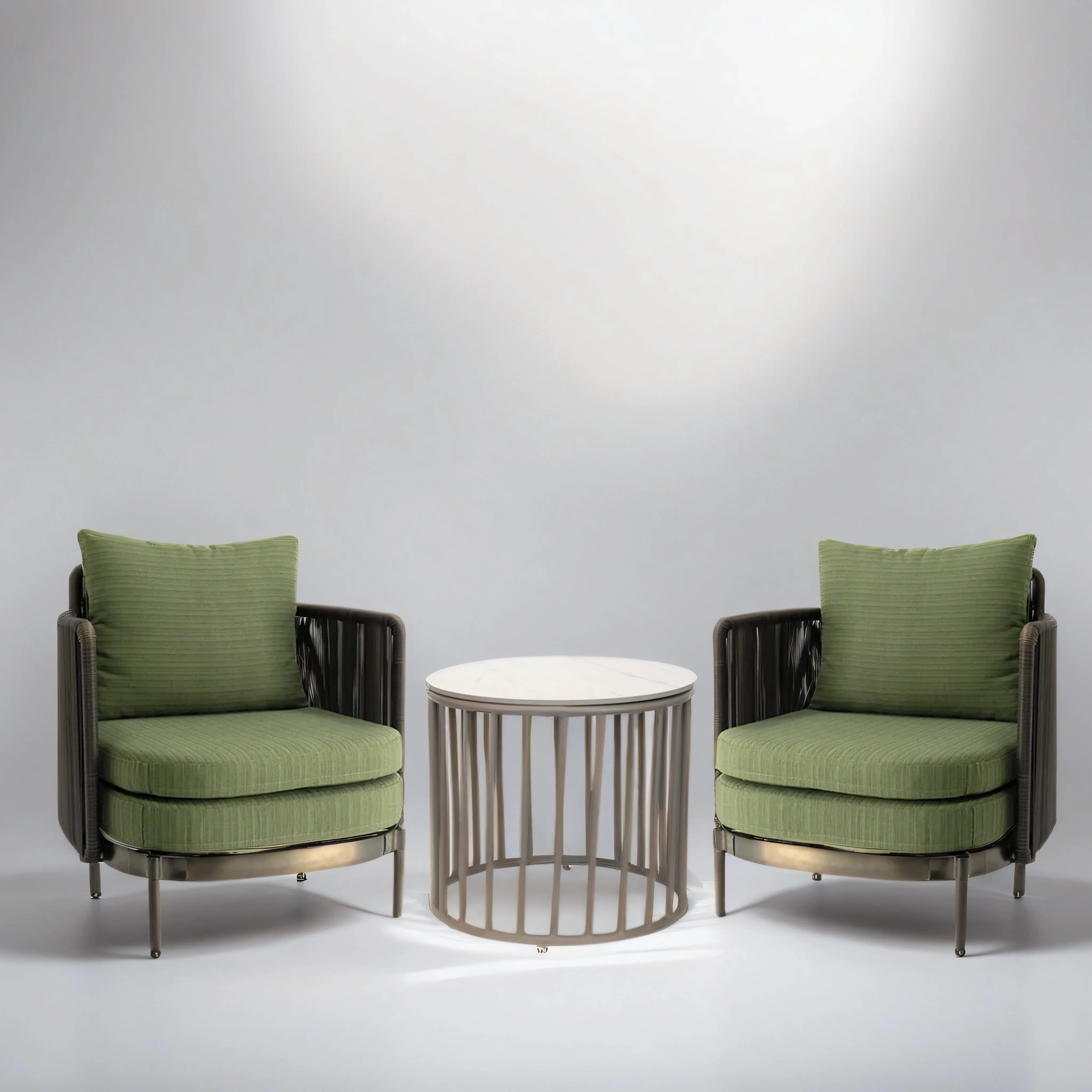 Set of Two Green Armchairs with table