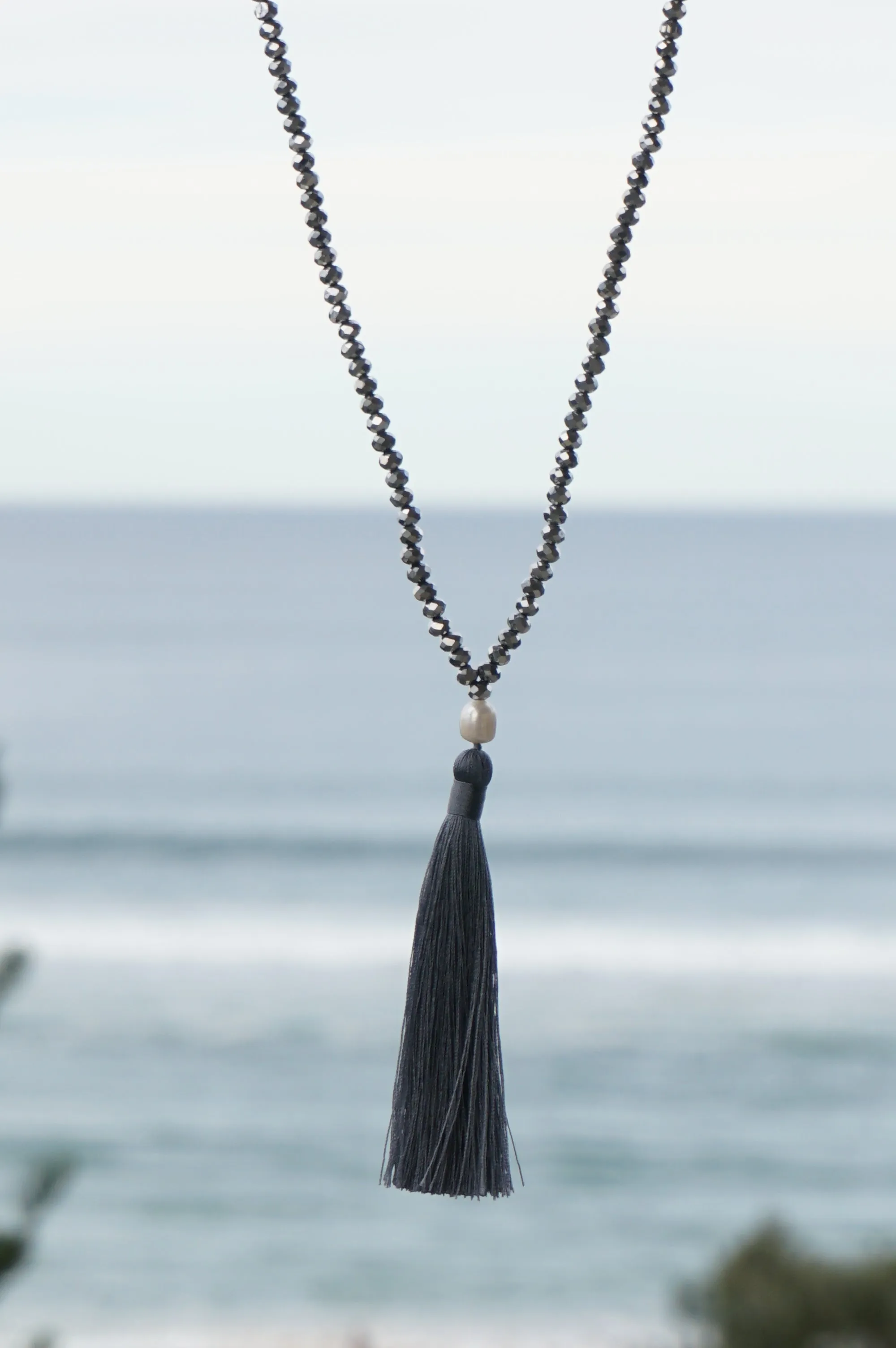 Silver Beaded Pearl Tassel Necklace