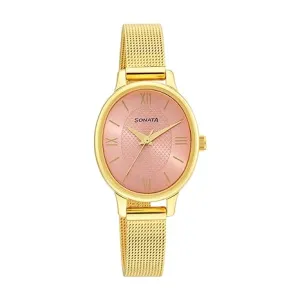 Sonata Classic Gold Women's Watch, Pink Dial Metal Strap, 8179YM02