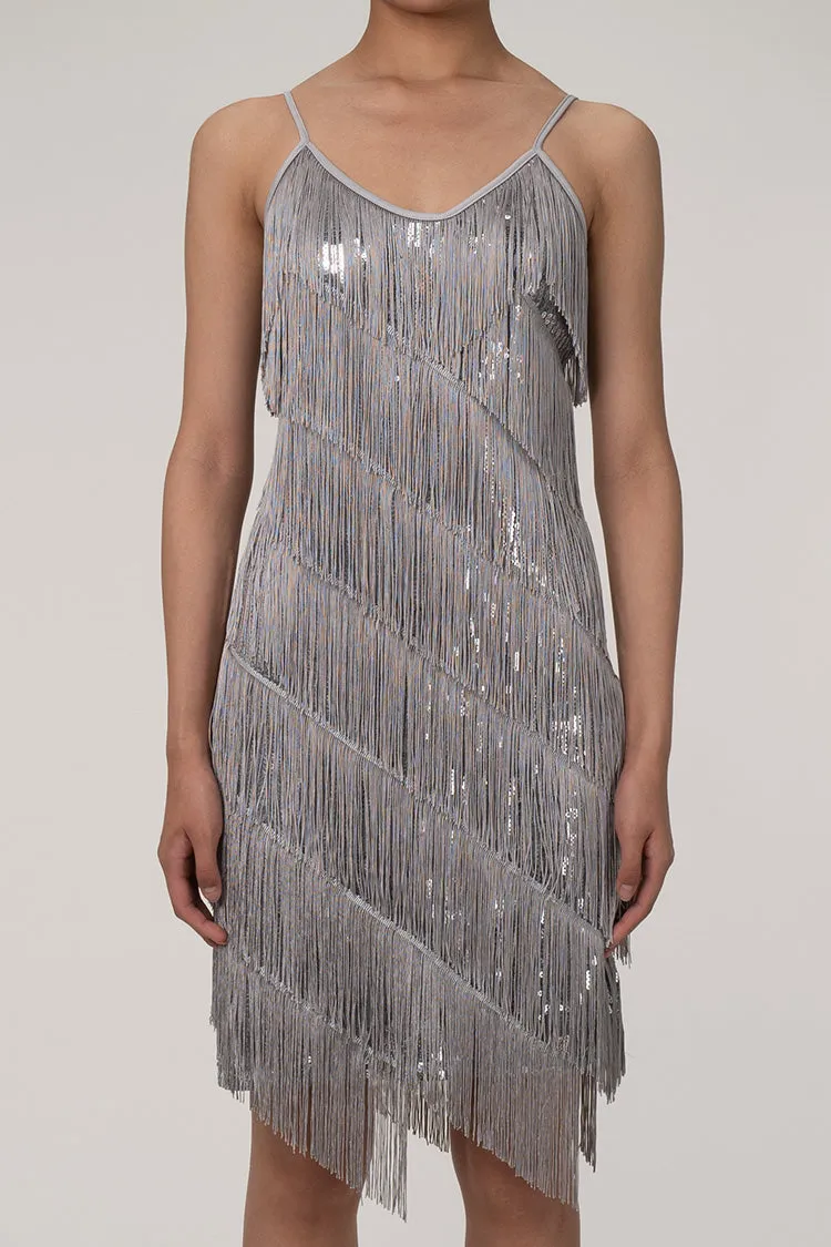 Sparkly Sequin Plunge Spaghetti Strap Tiered Fringe Mini Flapper Dress