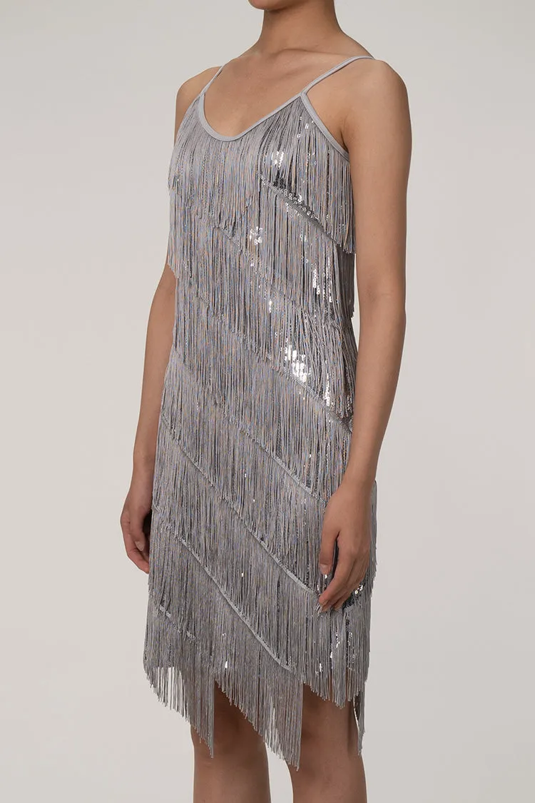 Sparkly Sequin Plunge Spaghetti Strap Tiered Fringe Mini Flapper Dress