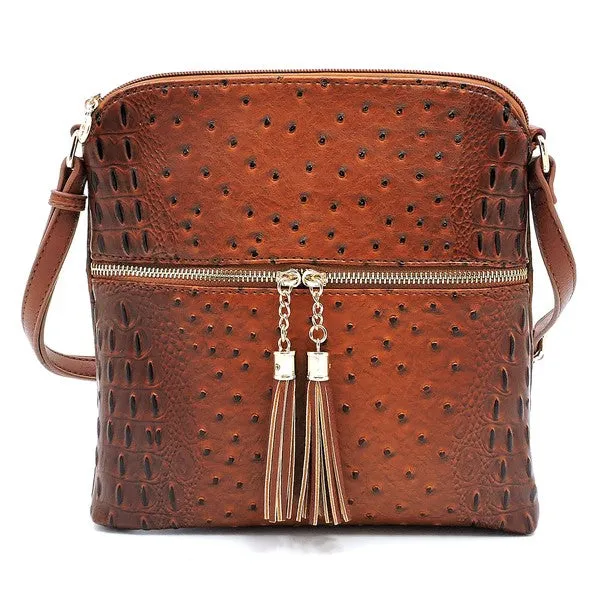 TEEK - Ostrich Croc Zip Tassel Crossbody Bag