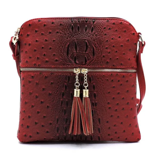 TEEK - Ostrich Croc Zip Tassel Crossbody Bag